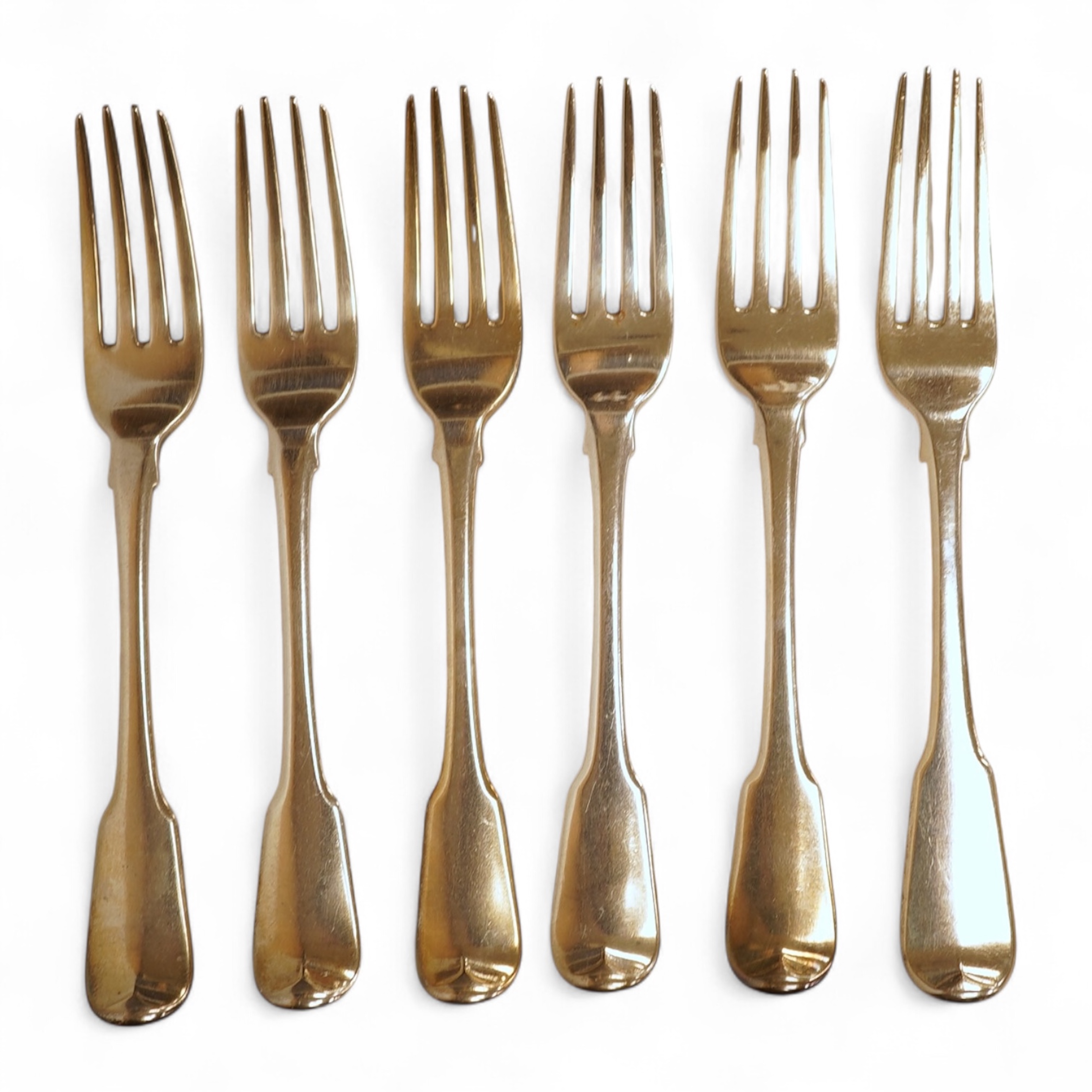 A matched set of six George III silver fiddle pattern dessert forks, all London, 1813, five by Thomas Wilkes Booth, 7.6oz.